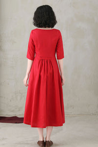 Summer Women Red Custom Linen Button Dress C2748#CK2200571