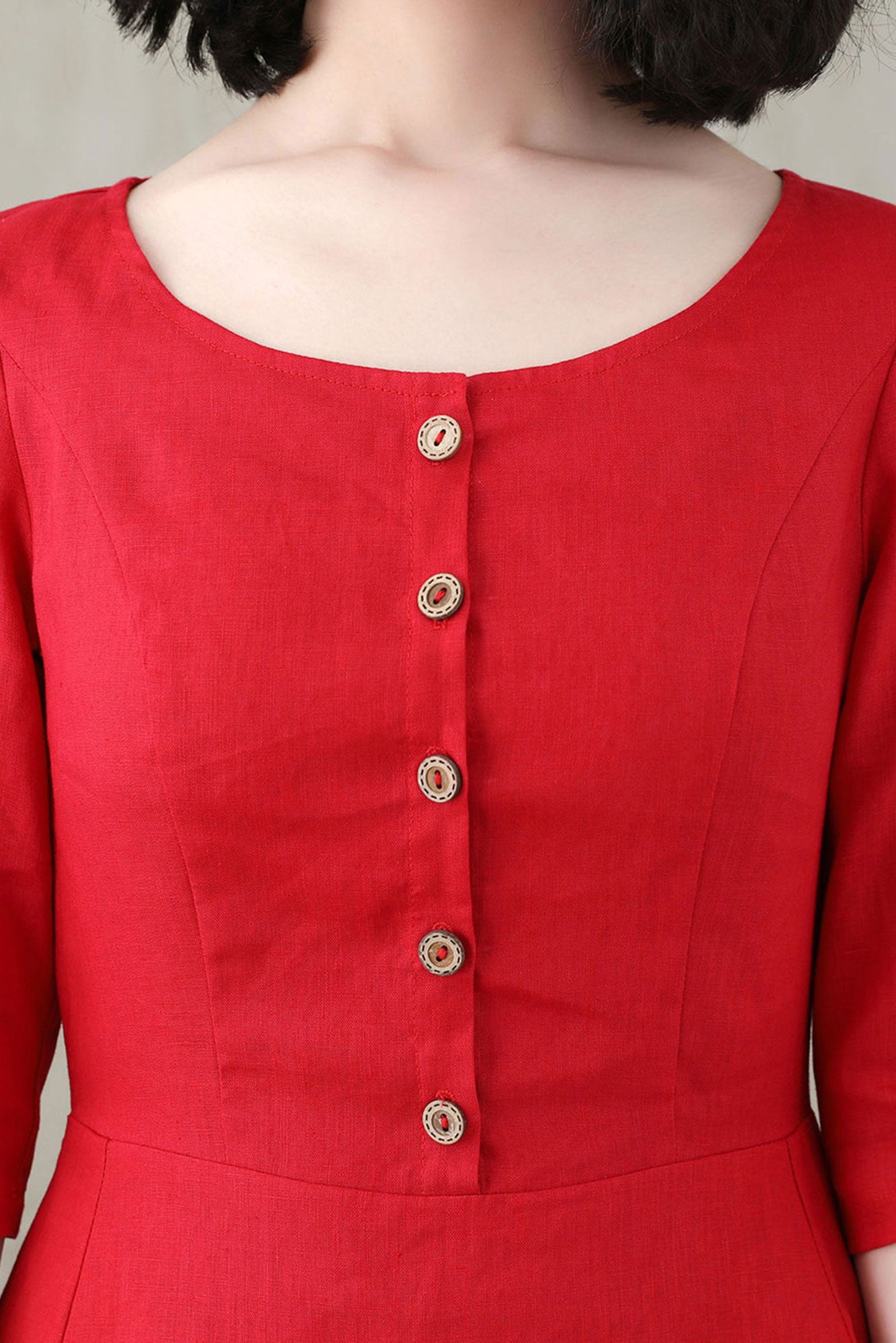 Summer Women Red Custom Linen Button Dress C2748#CK2200571