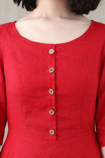Summer Women Red Custom Linen Button Dress C2748#CK2200571