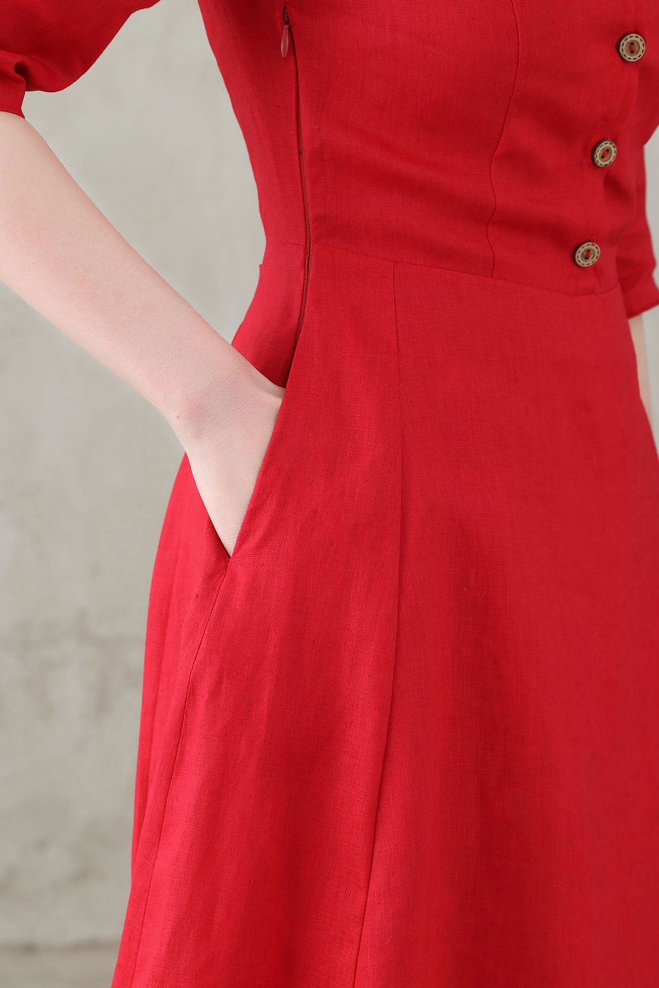Summer Women Red Custom Linen Button Dress C2748#CK2200571