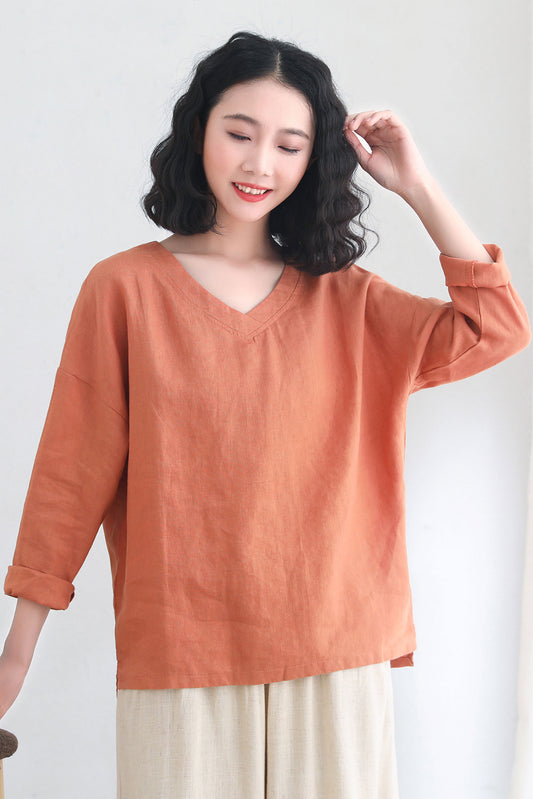 Orange Oversize Linen blouse Women C2695 -#CK2200455