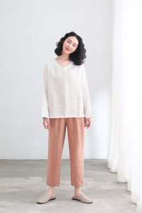 White Loose Fit Long Sleeve Linen Tops C2696