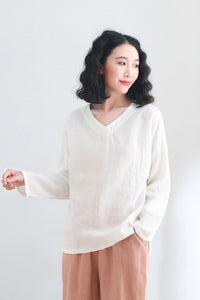 White Loose Fit Long Sleeve Linen Tops C2696