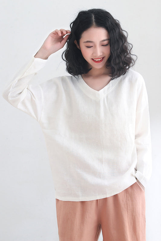 White Loose Fit Long Sleeve Linen Tops C2696