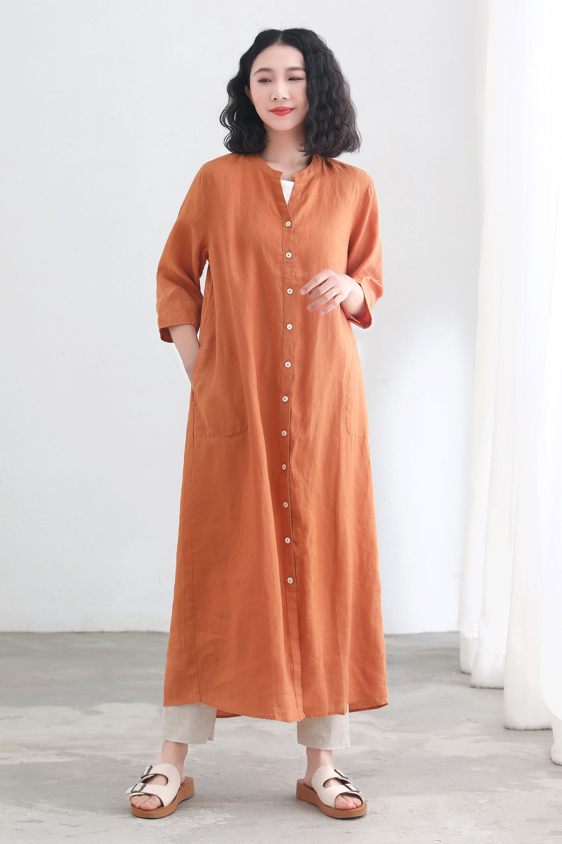 Orange V neckline 3/4 sleeve linen shirt dress C2697 YLISTYLE Orange V neckline 3/4 sleeve linen shirt dress C2697 YLISTYLE
