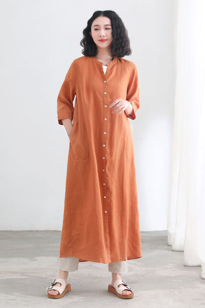 Orange V neckline 3/4 sleeve linen shirt dress C2697