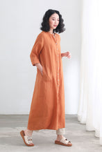 Load image into Gallery viewer, Orange V neckline 3/4 sleeve linen shirt dress C2697
