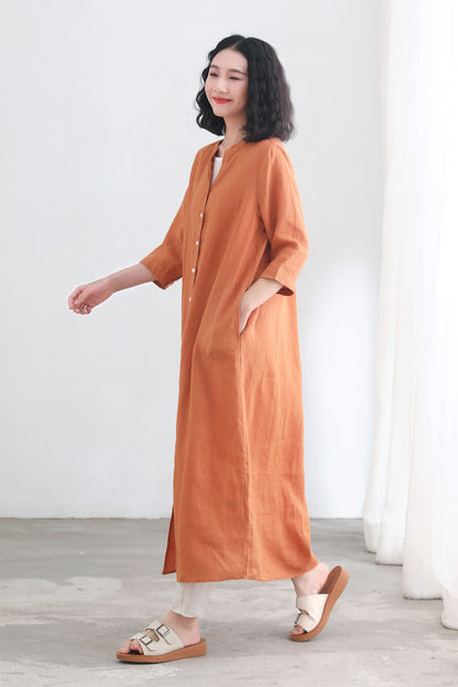 Orange V neckline 3/4 sleeve linen shirt dress C2697