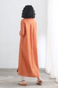 Orange V neckline 3/4 sleeve linen shirt dress C2697