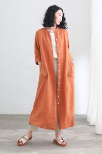 Orange V neckline 3/4 sleeve linen shirt dress C2697