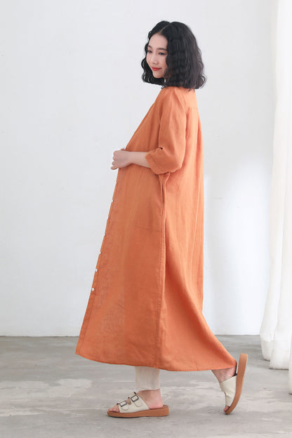 Orange V neckline 3/4 sleeve linen shirt dress C2697
