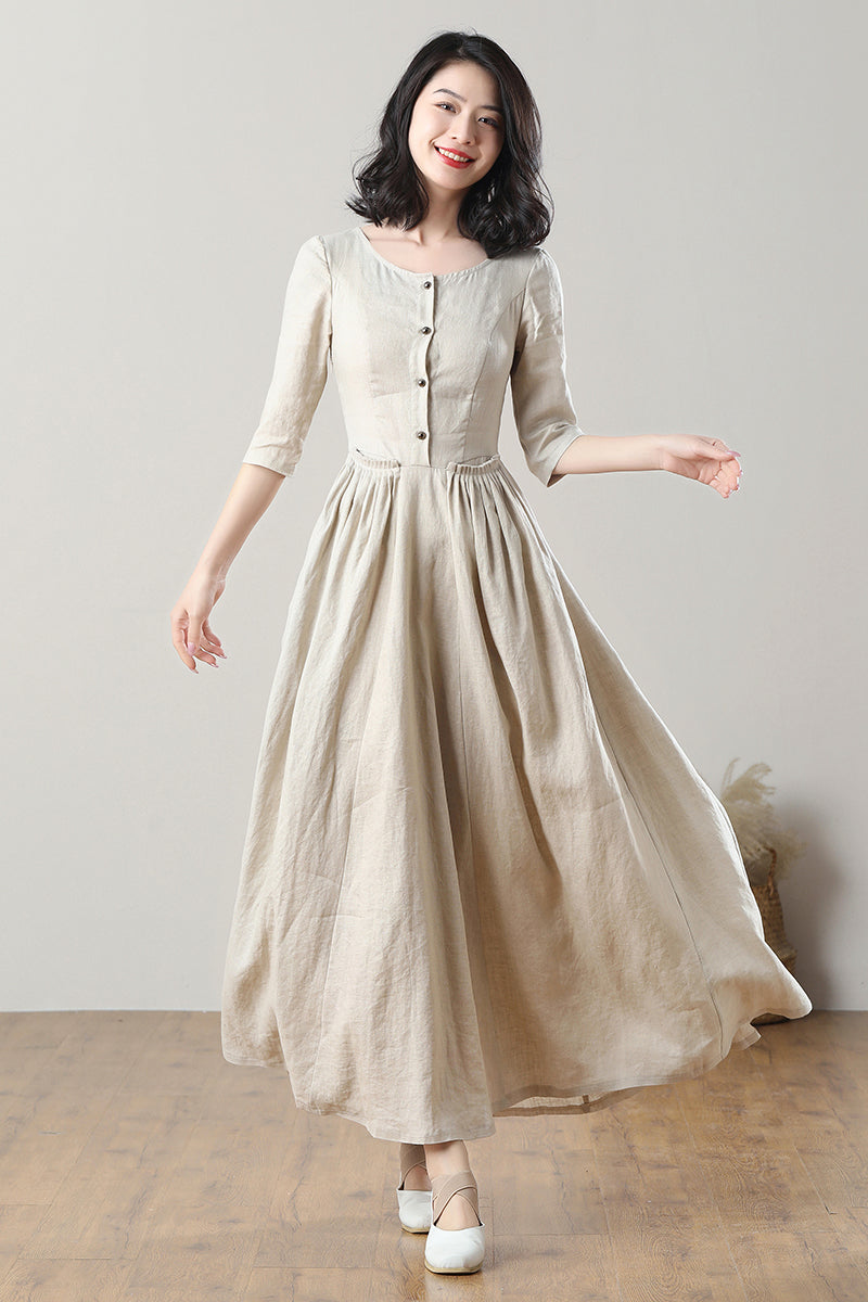 pleated linen maxi dress Beige with Waist and Button Front Beige / L romilly cocktail evening FOR LOVE & LEMONS Color:Yellow Mustard