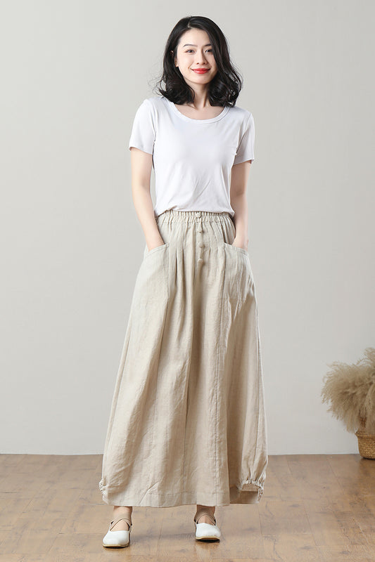 Long Elastic Waist Linen Skirt C3211