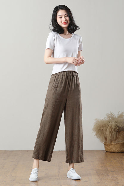 Coffee Wide Leg Linen Pants C3212