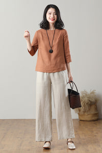 Casual Orange Linen Tops C3215