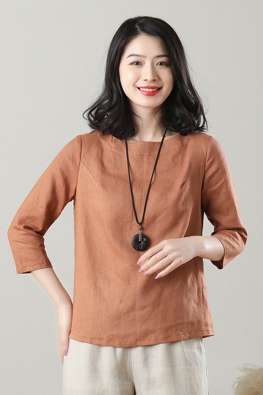 Casual Orange Linen Tops C3215