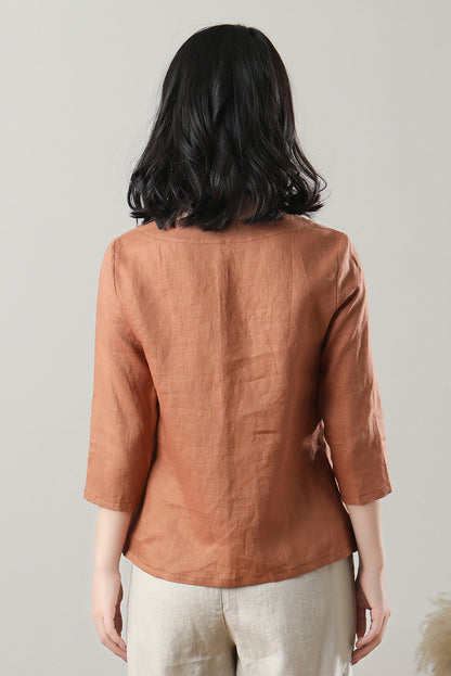 Casual Orange Linen Tops C3215