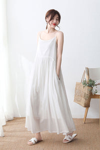 Sleeveless Long cotton linen Suspender Dress in white C233301