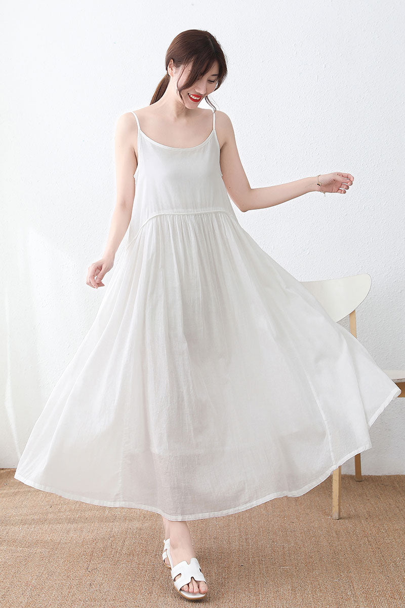 Sleeveless Long cotton linen Suspender Dress in white C233301