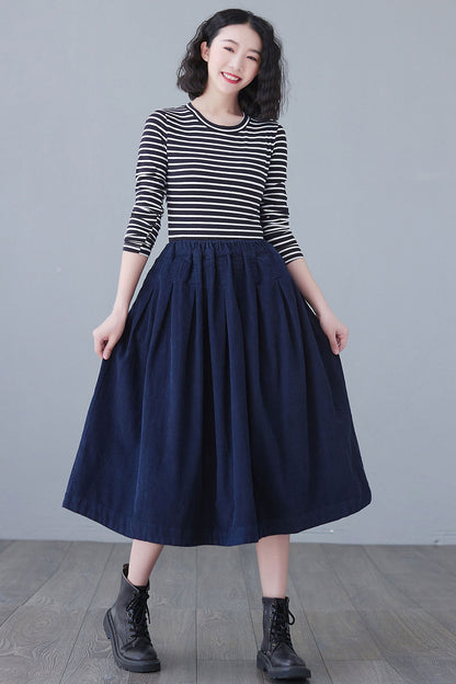 Blue High Elastic Waist Corduroy Skirt Midi C2617