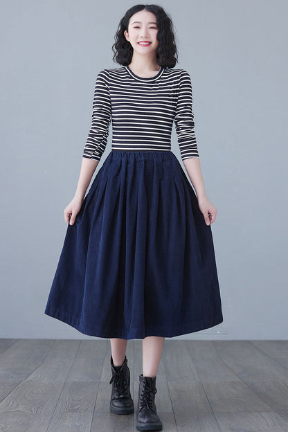 Blue High Elastic Waist Corduroy Skirt Midi C2617