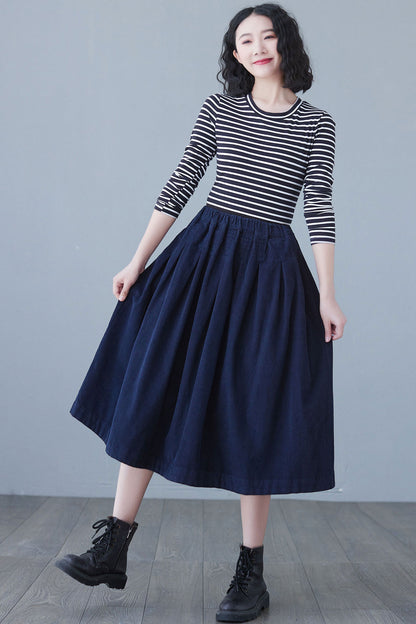 Blue High Elastic Waist Corduroy Skirt Midi C2617