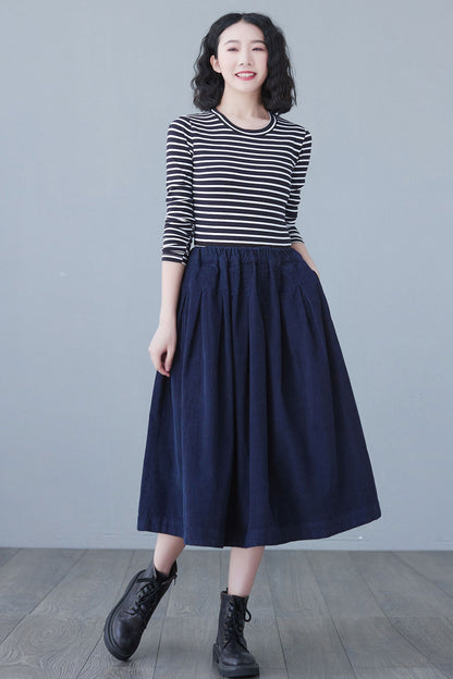 Blue High Elastic Waist Corduroy Skirt Midi C2617