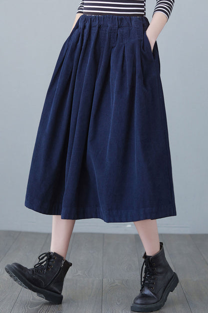 Blue High Elastic Waist Corduroy Skirt Midi C2617