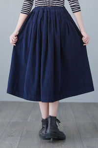 Blue High Elastic Waist Corduroy Skirt Midi C2617