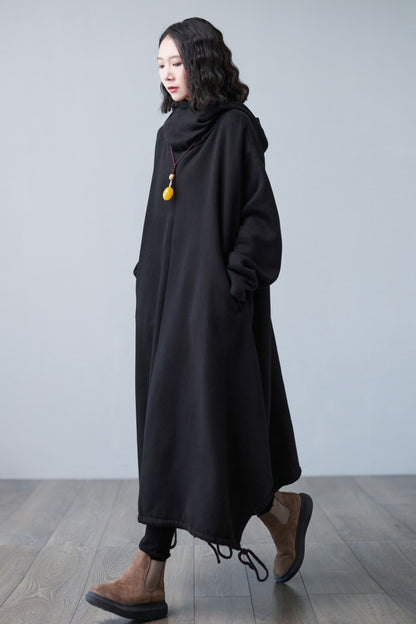 Warm Black Maxi Hooded Sweatshirt Dress, Asymmetrical Long Dress C2506