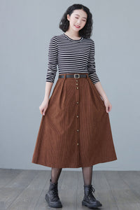 Button Down Long Corduroy Skirt Women C2618