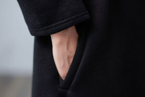 Warm Black Maxi Hooded Sweatshirt Dress, Asymmetrical Long Dress C2506