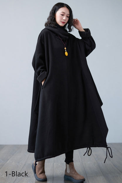 Warm Black Maxi Hooded Sweatshirt Dress, Asymmetrical Long Dress C2506