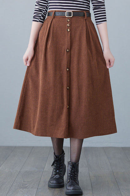 Button Down Long Corduroy Skirt Women C2618
