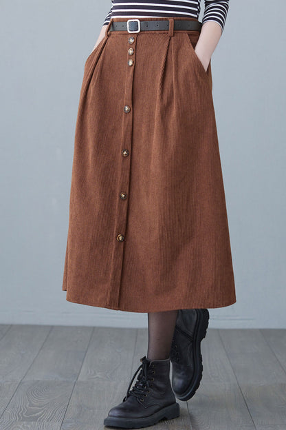 Button Down Long Corduroy Skirt Women C2618
