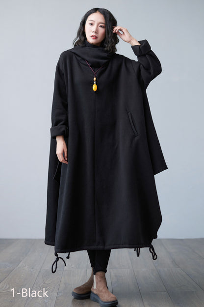 Warm Black Maxi Hooded Sweatshirt Dress, Asymmetrical Long Dress C2506
