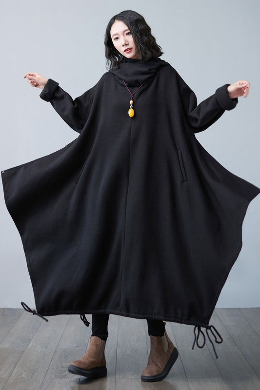 Warm Black Maxi Hooded Sweatshirt Dress, Asymmetrical Long Dress C2506