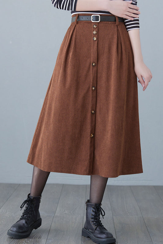 Button Down Long Corduroy Skirt Women C2618