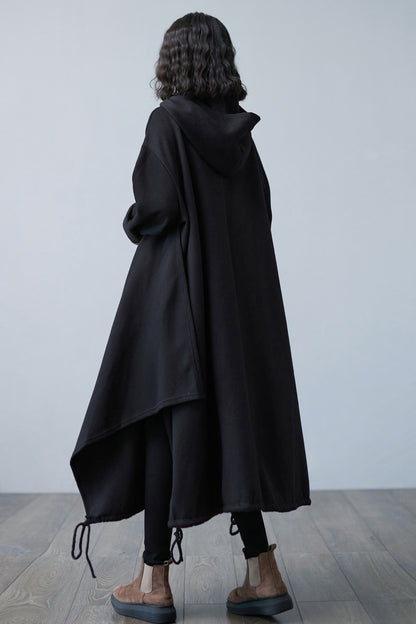 Warm Black Maxi Hooded Sweatshirt Dress, Asymmetrical Long Dress C2506