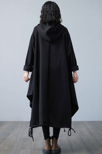 Warm Black Maxi Hooded Sweatshirt Dress, Asymmetrical Long Dress C2506