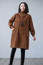 Load image into Gallery viewer, Brown Turtleneck Thicken Corduroy Midi Dress C2507
