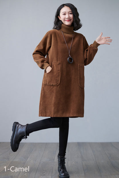Brown Turtleneck Thicken Corduroy Midi Dress C2507