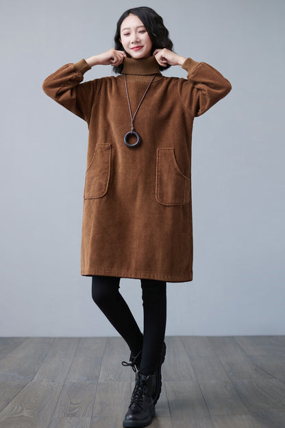 Brown Turtleneck Thicken Corduroy Midi Dress C2507