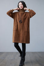Load image into Gallery viewer, Brown Turtleneck Thicken Corduroy Midi Dress C2507
