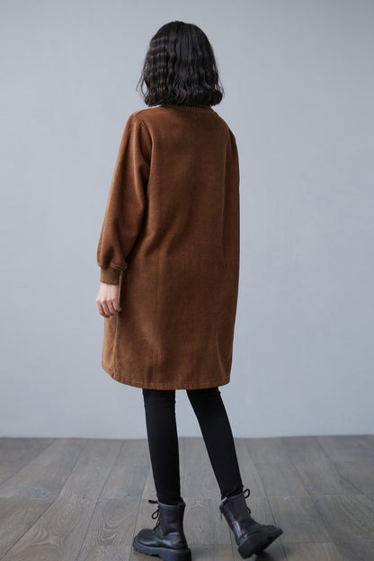 Brown Turtleneck Thicken Corduroy Midi Dress C2507