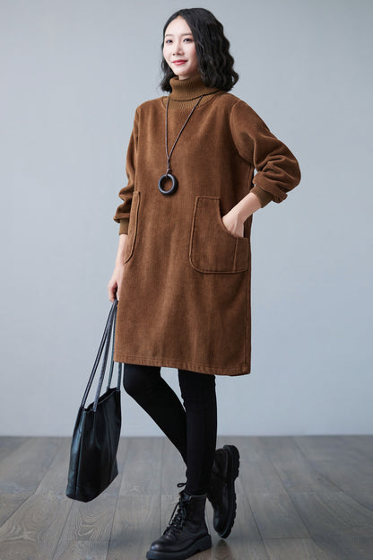 Brown Turtleneck Thicken Corduroy Midi Dress C2507