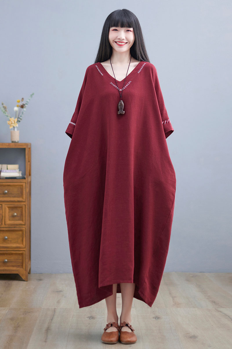 Loose Fit Wine Red Kaftan Dress Women C225001