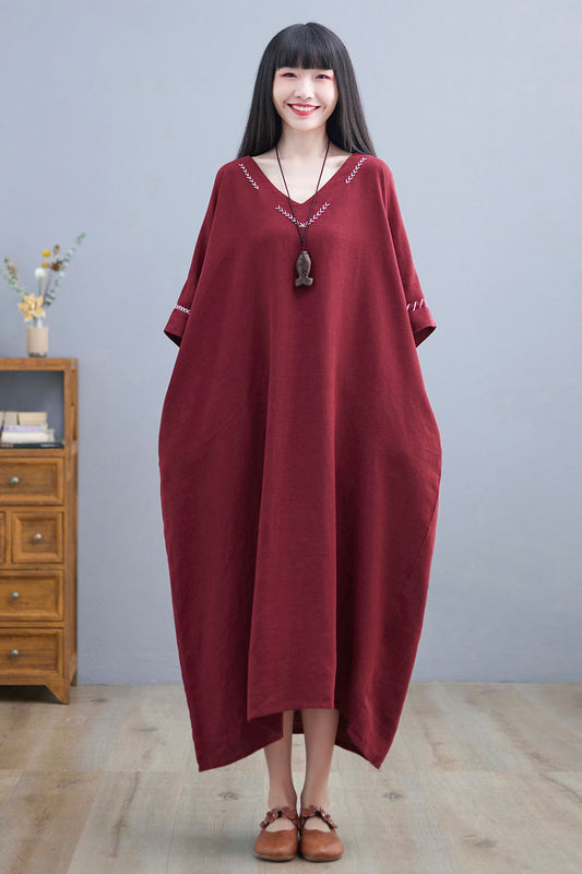Loose Fit Wine Red Kaftan Dress Women C225001