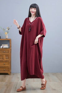Loose Fit Wine Red Kaftan Dress Women C225001