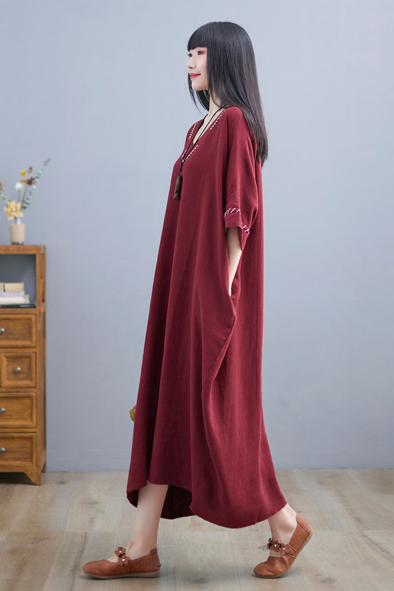 Loose Fit Wine Red Kaftan Dress Women C225001